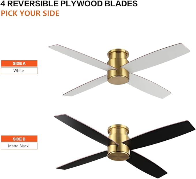 WINGBO 52" Flush Mount DC Ceiling Fan without Lights, 4 Reversible Blades, Ultra Quiet 6-Speed DC Motor, Hugger Low Profile Indoor Ceiling Fan No Lights, Brass Finish