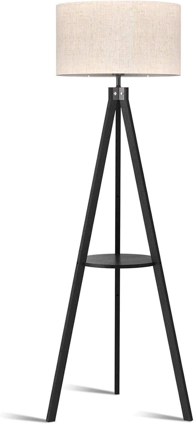 LEPOWER Tripod Floor Lamp, Mid Century Wood Standing Lamp, Modern Design Shelf Floor Lamp for Living Room, Bedroom, Office, Flaxen Lamp Shade with E26 Lamp Base Black