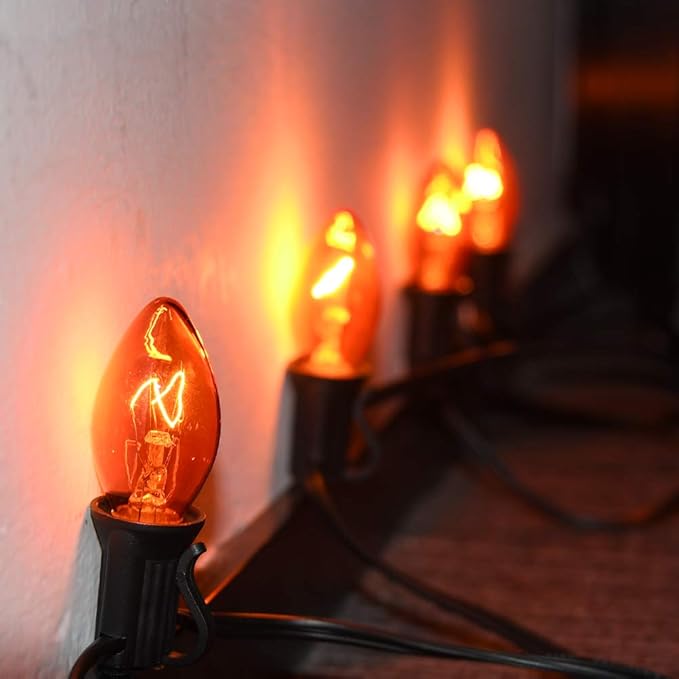 SUNSGNE C7 Orange Halloween Lights, 25Ft Outdoor String Lights with 27 Clear Orange Bulbs(2 Spare), Vintage Christmas Lights for Patio, Cafe, Party, Holiday, Christmas Decor- Black Wire