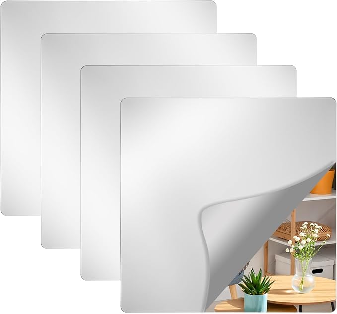 Cabilock 4 Pack Acrylic Mirror Tiles 16X16 Inch Self Adhesive Full Length Wall Mirrors with Rounded Corners Shatterproof Stick on Sheets for Bathroom Home Decor