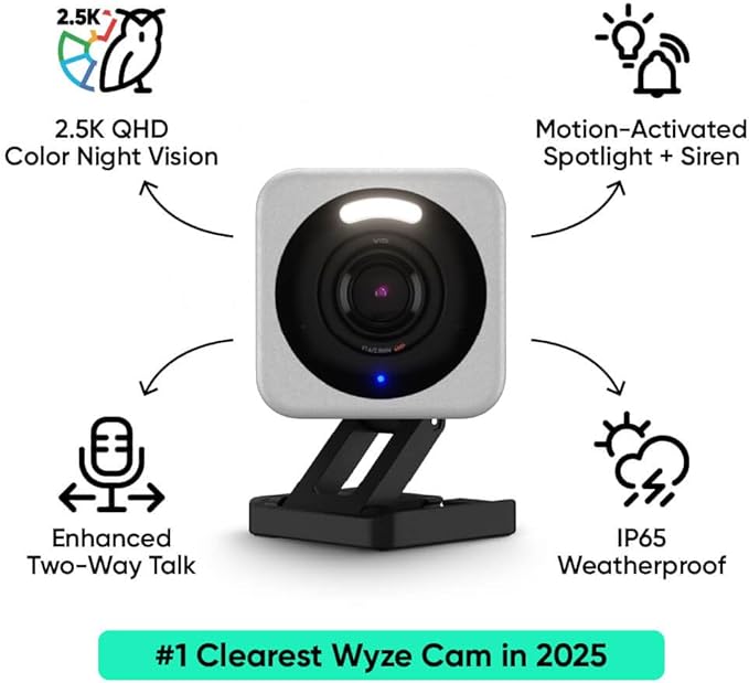 WYZE Cam v4 (Latest Model), 2.5K AI Security Camera, Indoor/Outdoor Cameras for Home Security, Baby Monitor & Pet Camera, Vibrant Color Night Vision, No Subscription Required, Free Expert Help