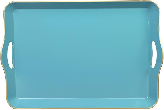 Teal Blue Decorative Tray for Coffee Table with Handles, Plastic Rectangular Serving Tray for Living Room, Bathroom, Outdoors, 11.8"*17.3"