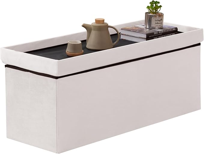 BRIAN & DANY 43 Inches Folding Storage Ottoman Bench, Velvet Ottoman with Storage for Living Room, Long Shoes Bench, Flannelette Footrest Benches Seat (White)