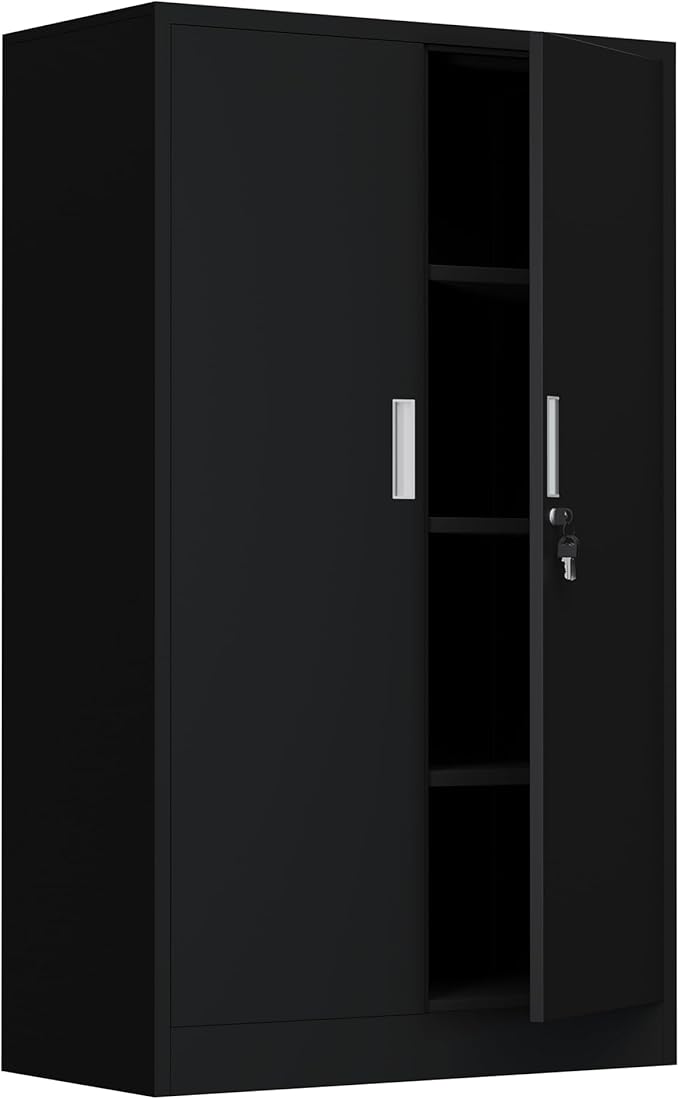Metal Storage Cabinet with Locking Doors and Adjustable Shelves, 53.5-Inch Tall Lockable Storage Cabinets for Home Office Garage Kitchen Pantry (Black)
