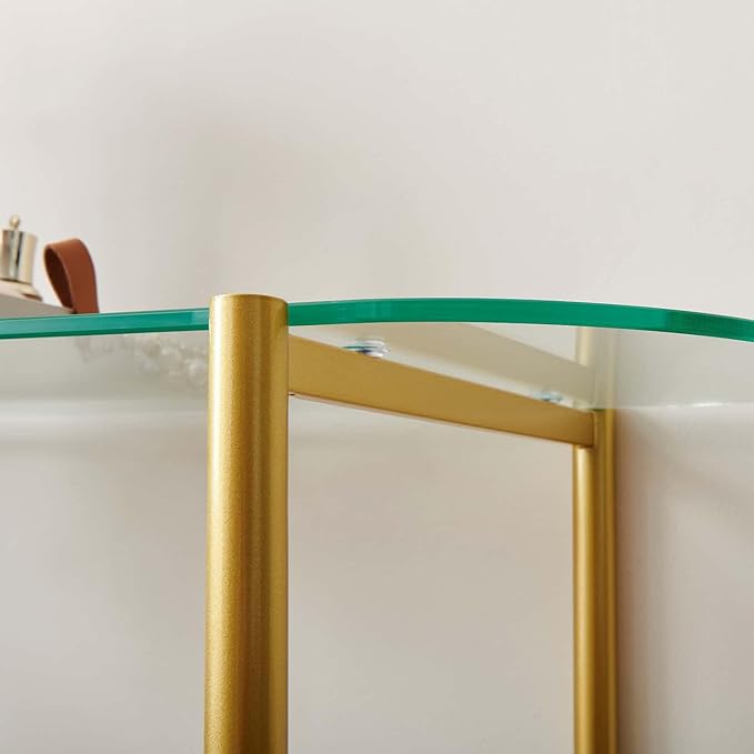 Oval Glass Console Table for Living Room, Foyer & Entrance, 2-Tiers Mid-Century Modern Sofa Table with Clear Glass Top, Walnut Finish Wood Shelf and Gold Finish Frame