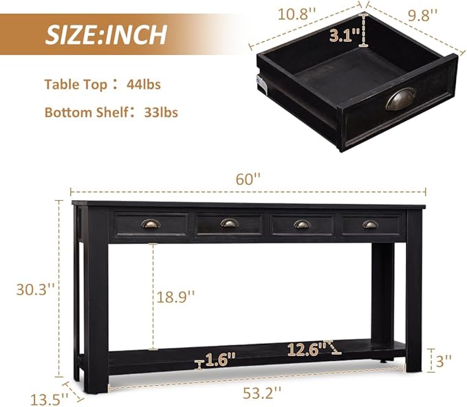Console Table for Entryway, 60 Inch Sofa Table Narrow Long Hallway Table, ConsoleTable w/4 Drawers and Bottom Shelf for Living Room Entryway Home,Kitchen Counter,Black