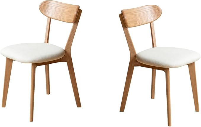100% Solid Wood Upholstered Dining Chairs, Mid Century Modern Oak Dining Chairs with Curved Back Design with Butterfly Wing Shape for Kitchen, Dining Room, Restaurant (2PK, Log Color-Beige Cushion)