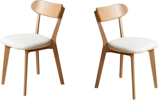 100% Solid Wood Upholstered Dining Chairs, Mid Century Modern Oak Dining Chairs with Curved Back Design with Butterfly Wing Shape for Kitchen, Dining Room, Restaurant (2PK, Log Color-Beige Cushion)