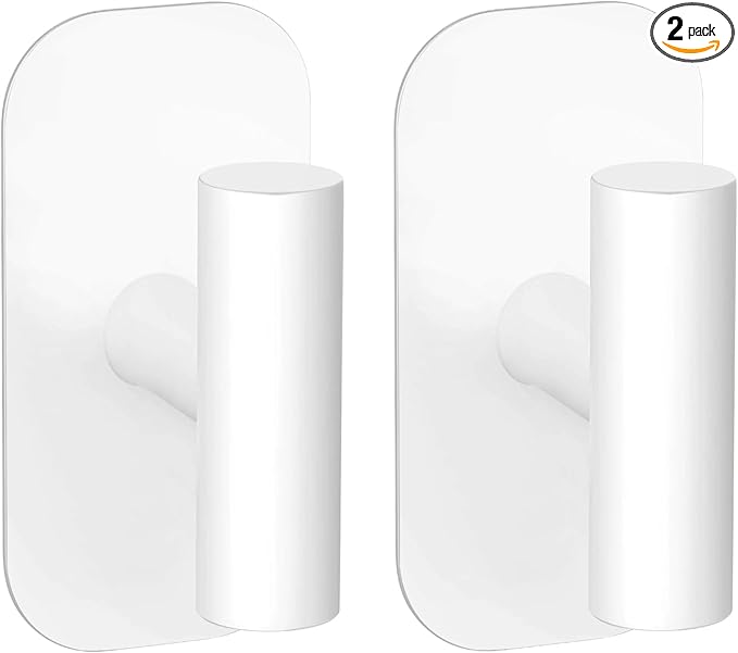 Adhesive Towel Hooks for Shower,Waterproof Heavy Duty Bathroom Hooks,Wall Mounted Sticky Hangers for Coats/Aprons/Robes,No Drilling(White,2 Pack)