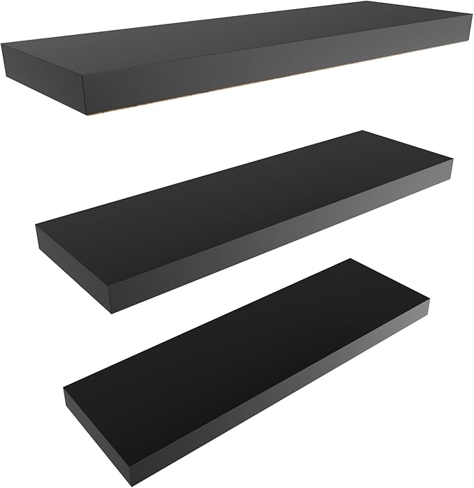 Colima Floating Shelves for Wall, Rustic Wood Wall Mounted Shelves for Bathroom, Toilet, Bedroom, Living Room, Kitchen, Office, Hanging Shelf for Books, Storage, Room Decor, Black, 24in, Set of 3