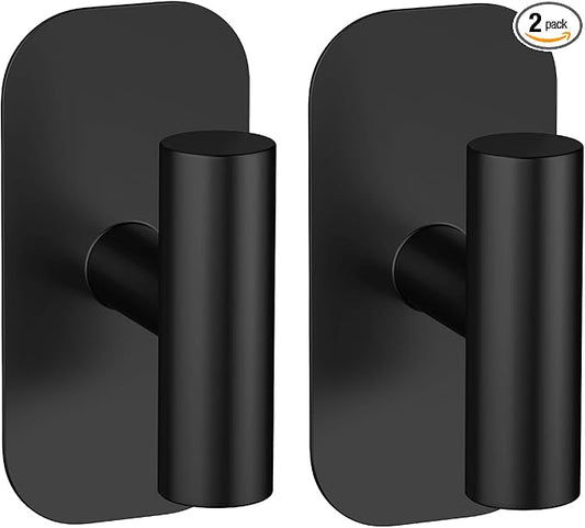 Adhesive Towel Hooks for Shower,Waterproof Heavy Duty Bathroom Hooks,Wall Mounted Sticky Hangers for Coats/Aprons/Robes,No Drilling(Black,2 Pack)