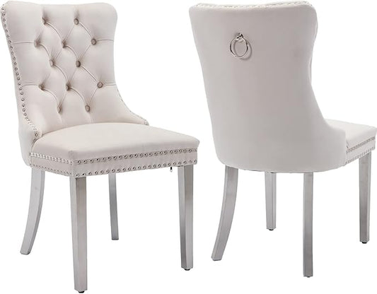 Luxury Upholstered Dining Chairs Set of 2, Beige Kitchen Chair with Silver Metal Legs, Velvet Tufted Back Dining Chair, Sillas de Comedor, Modern Kitchen & Dining Room Chairs (Beige, 2 Pcs)