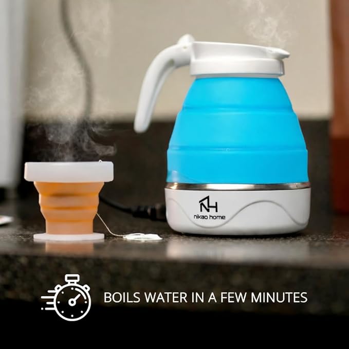 Nikao Home Foldable Electric Kettle Plus Milk Frother and Foldable Cup – Travel kettle, Portable Tea Kettle for Travel, Mini Collapsible Water Warmer, Compact Design and Quick Heating. (Aqua Blue)
