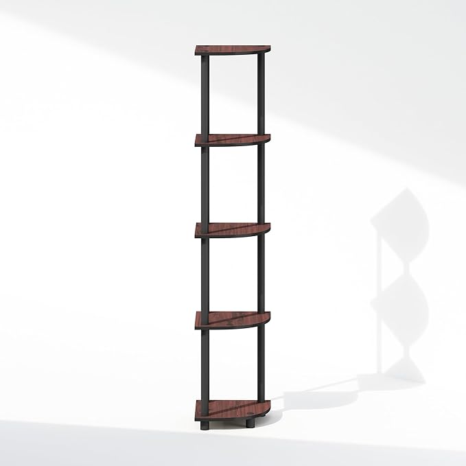 Furinno Turn-N-Tube Storage Shelves, 5-Tier Book Shelf, Corner Shelf, Toolless Open Shelves, for Organization and Storage, Living Room, Home Office, Hallway, Bedroom, Dark Cherry