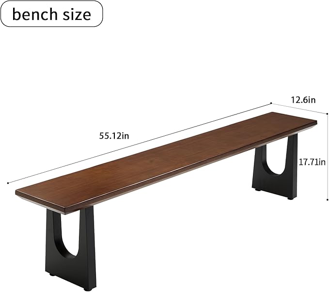 Walnut Color Long Bench Solid Wood Top Metal Legs U-Shaped Design Durable Sturdy Dining Bench Ideal for Office Home Restaurant Patio Multiple (Bench, 55.12in)