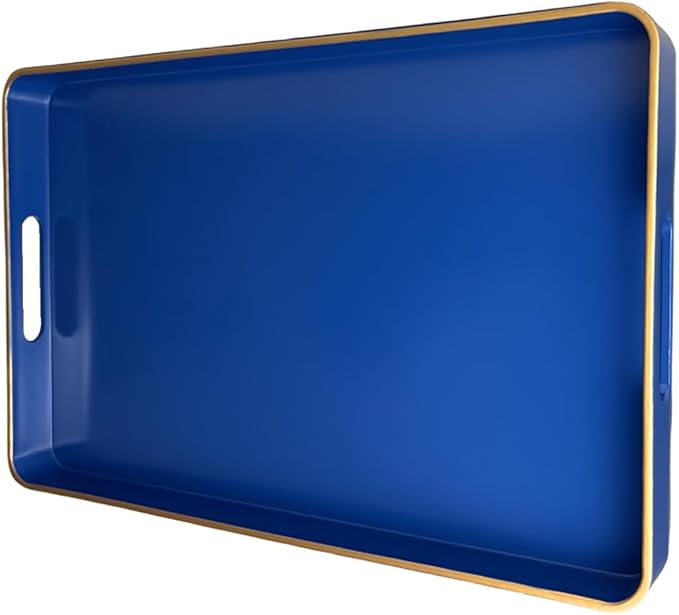 Navy Blue Serving Tray with Handles, Rectangular Decorative Tray for Coffee Table, Plastic Rectangular Tray for Ottoman, Living Room, Bathroom, Home Decor 15.7” x 10.2” x1.37”