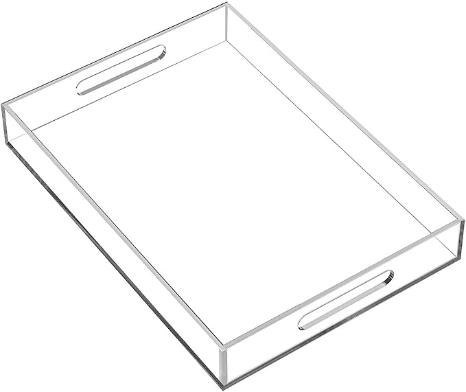 Durable Rectangular Breakfast Serving Tray - 5MM Thick Waterproof Acrylic Serving Platter with Handles for Coffee, Tea, Food - Elegant Decorative Tray (Clear Tray-16''x12'')