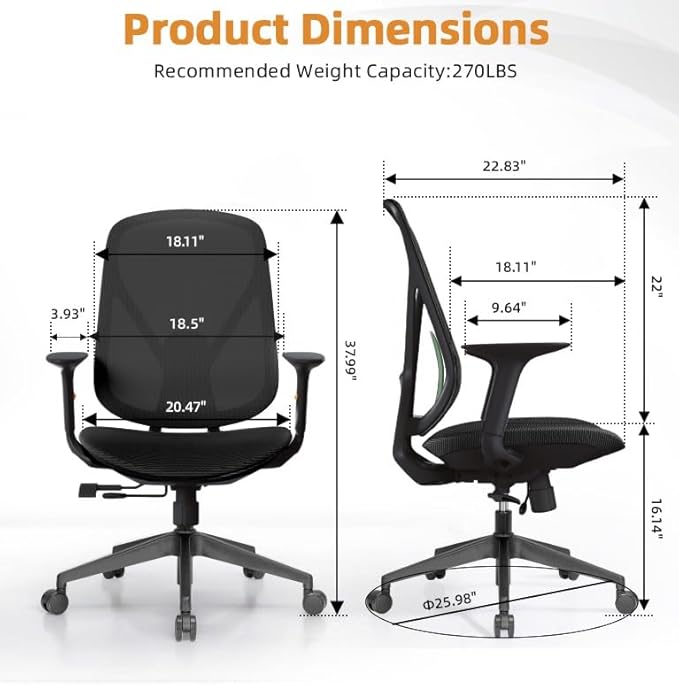 Mesh Office Chair – Ergonomic Office Chair with Lumbar Support, Adjustable Armrests & Sliding Soft Seat Cushion – Holds Up to 270lbs (Black)