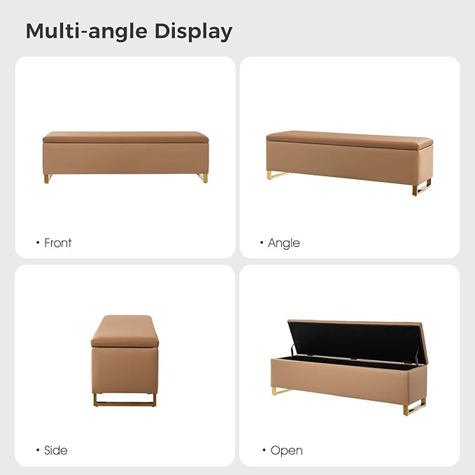 EcoHarbor Living Storage Ottoman Bench with Throw Ottomans, Modern End of Bed Bench, Upholstered Footrest Stool with Gold Legs for Living, Bedroom, Entryway and Hallway(Camel 60inch)