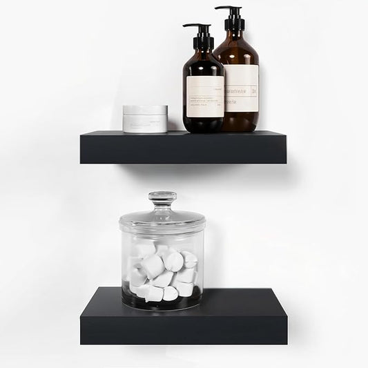 Homeforia Floating Shelf Black 12 inch, High End Solid Real Wood Small 12inch Floating Shelves for Wall Mounted, Black Wooden 12 in Floating Shelves, Heavy Duty Bracket, 12 X 6.5 X 1.75 inch, Set of 2