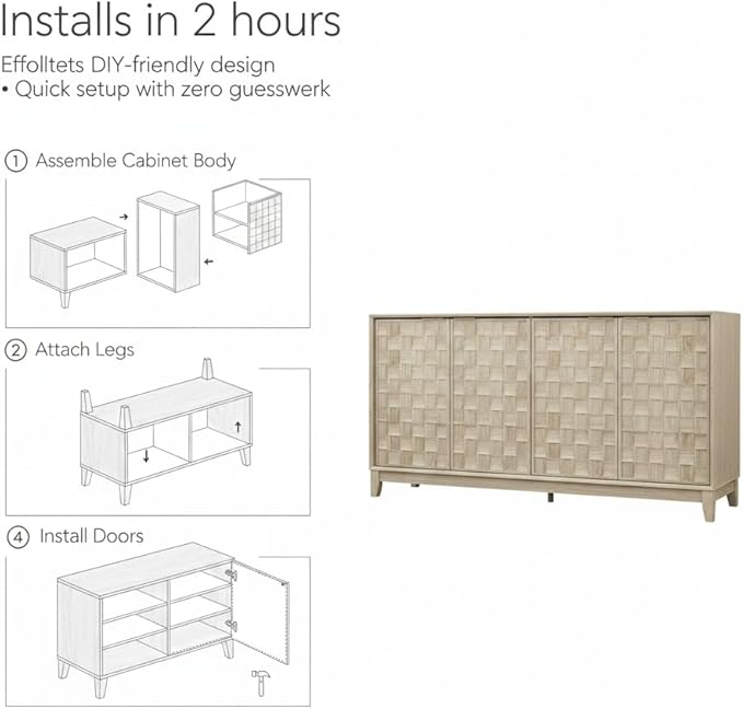 Mid-Century Sideboard Buffet Cabinet with 6×10 Embossed Checkerboard Doors, Adjustable Shelves & Soft-Close Hinges, Modern Storage Cabinet for Dining Room, Living Room, Entryway – Oak White Finish