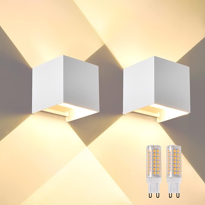 2 Pack Outdoor Wall Lights Exterior/Interior Wall Sconces Up and Down Lights IP65 Waterproof G9 Base Socket Modern Outdoor Lighting Square Aluminum White 3000K Warm Lights, Adjustable Light Angle