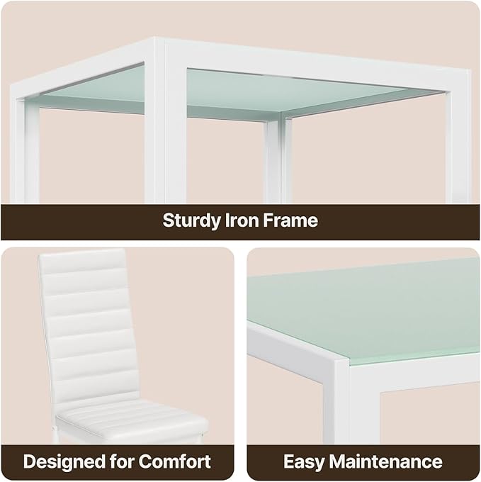 Gizoon 3 Piece Glass Dining Table Set, Kitchen and Chairs for 2, PU Leather Modern Room Sets for Home, Kitchen, Living Room