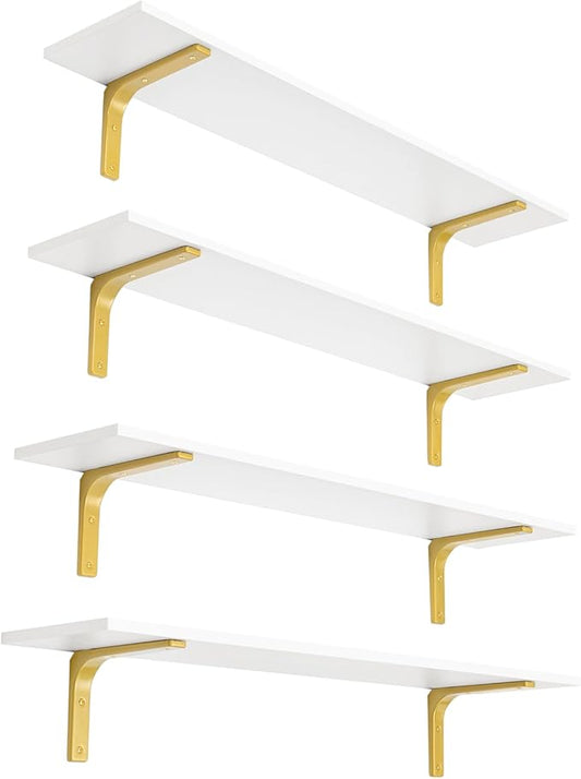 DINZI LVJ Long Wall Shelves, 39.4" Wall Mounted Shelves Set of 4, Large Floating Shelves for Wall with Metal Brackets, for Living Room, Bathroom, Bedroom, Kitchen, White and Gold