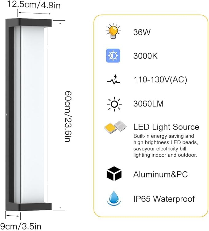 Sytmhoe Dimmable Outdoor Wall Lights 2Packs,10%-100% Dimming,23.6in LED Modern Patio Wall Light Fixture, Black Exterior Sconce for Garage Courtyard Commercial House(3000K)