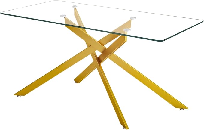60" Glass Dining Table Modern Kitchen Table for 4-6 People, Contemporary Rectangular Dining Room Dinner Tables with Clear Glass Top & Gold Metal X Legs for Kitchen Apartment