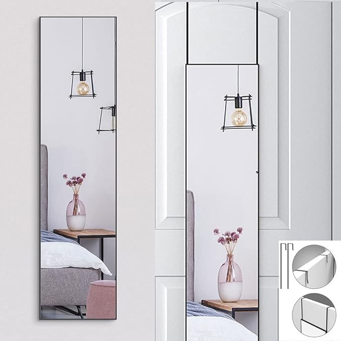 ANYHI Large Full Length Mirror, 65"x13.8" Door Mirror Full Length, 2 Hooks, Over The Door or Wall Monuted, Aluminum Frame, for Bedroom Bathroom Checkroom, Black