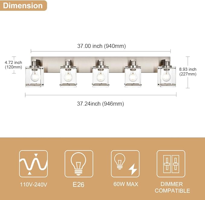 5-Lights Brushed Nickel Bathroom Wall Light with Clear Glass Shade, E26 Bulb Base Vanity Lighting Fixtures Over Mirror for Kitchen Cabinet Bedroom