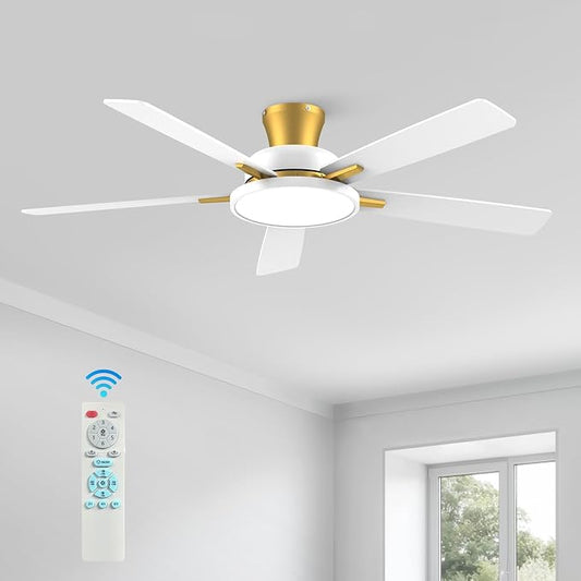 TALOYA 52 inch Ceiling Fans with Lights and Remote,Ultra Silent low profile Ceiling Fan with Three Color Temperature and Dimmable Light with Reversible Blades White Gold