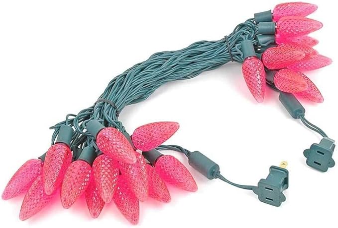Novelty Lights 25 Feet 25 Light C9 Diamond Faceted LED String Lights, Pink, Pre-Lamped Holiday Lights on Green Wire, UL Listed Indoor/Outdoor, Connectable End-to-End