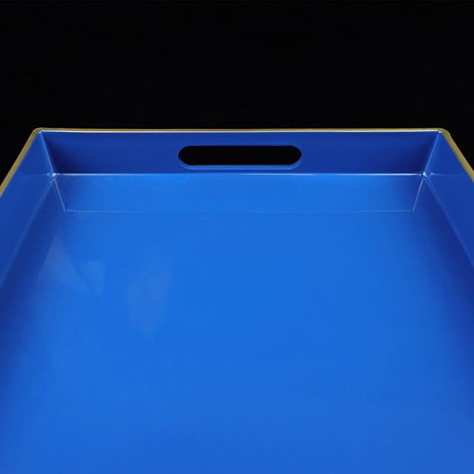 Blue Decorative Coffee Table Tray, Rectangular Plastic Serving Tray with Handles for Living Room, Ottoman, Bathroom, 15.7"*10.2"