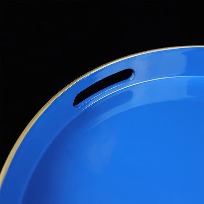 Blue Round Decorative Tray with Handles, 13" Elegant Coffee Table Serving Tray for Ottoman Living Room, Bathroom, Outdoors, Breakfast