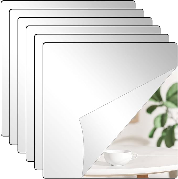 DARENYI 6Pcs Acrylic Mirror Tiles, 8'' x 8'' x 0.07'' Mirror Sheets for Walls Decor, Self-Adhesive Mirror Stickers, Square Mirror Trays Plates for Tables Centerpieces Wedding