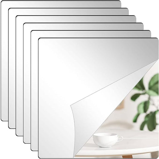 DARENYI 6Pcs Acrylic Mirror Tiles, 8'' x 8'' x 0.07'' Mirror Sheets for Walls Decor, Self-Adhesive Mirror Stickers, Square Mirror Trays Plates for Tables Centerpieces Wedding