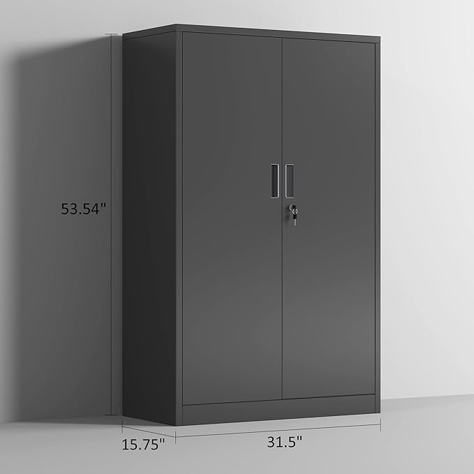 Metal Storage Cabinet with Locking Doors and 3 Adjustable Shelves, 53.5-Inch Lockable Storage Cabinets for Home Office Garage Kitchen Pantry (Black)