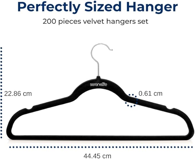 SereneLife 200 Pack Velvet Hangers - Non-Slip Felt Hangers with 360° Swivel Hook, Space-Saving, Ultra-Thin, Lightweight for Shirts, Sweaters, Hoodies, Kids Clothes & Dresses