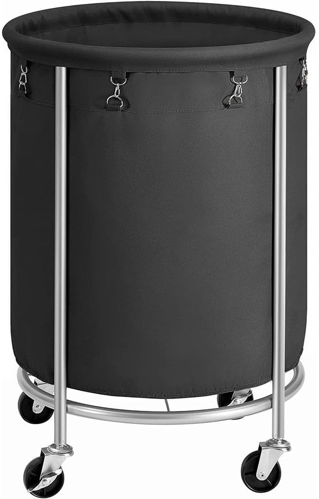 SONGMICS 50.2-Gallon (190 L) Laundry Basket with Wheels, Rolling Round Heavy-Duty Laundry Hamper Cart with Steel Frame and Removable Bag, 2 Locking Wheels, Ink Black and Metallic Silver URLS001B01