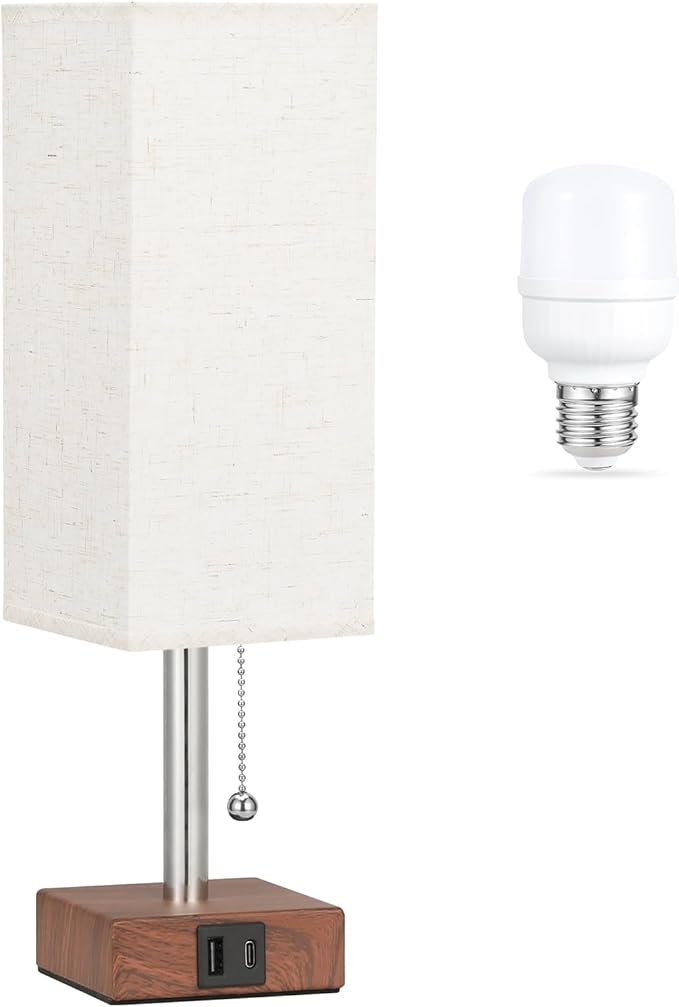 aooshine Red Brown Small Table Lamp for Bedroom - 3 Color Temperature 3000K 5000K 4000K Bedside Lamp, Pull Chain Control, USB A and C Ports, Pure Gold Color Base, Bulb Included