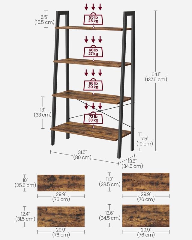 VASAGLE Ladder Shelf, 4-Tier Bookshelf, Storage Rack, Bookcase with Steel Frame, for Living Room, Home Office, Kitchen, Bedroom, Industrial Style, Rustic Brown and Ink Black ULLS144B01
