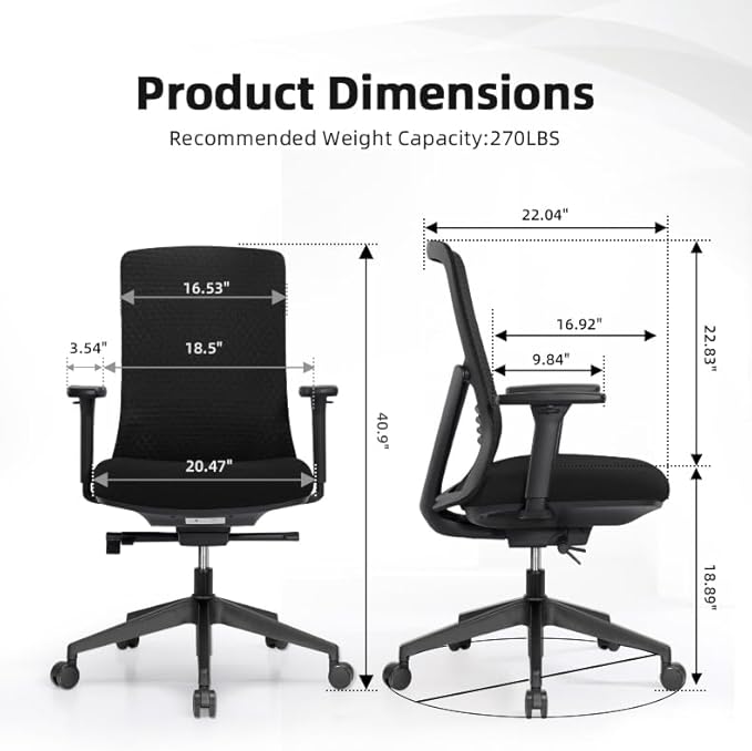 Executive Office Chair – Mesh Office Chair with V-Shaped Back, Adjustable 3D Arms & Sliding Soft Seat Cushion – Holds Up to 270lbs (Black)