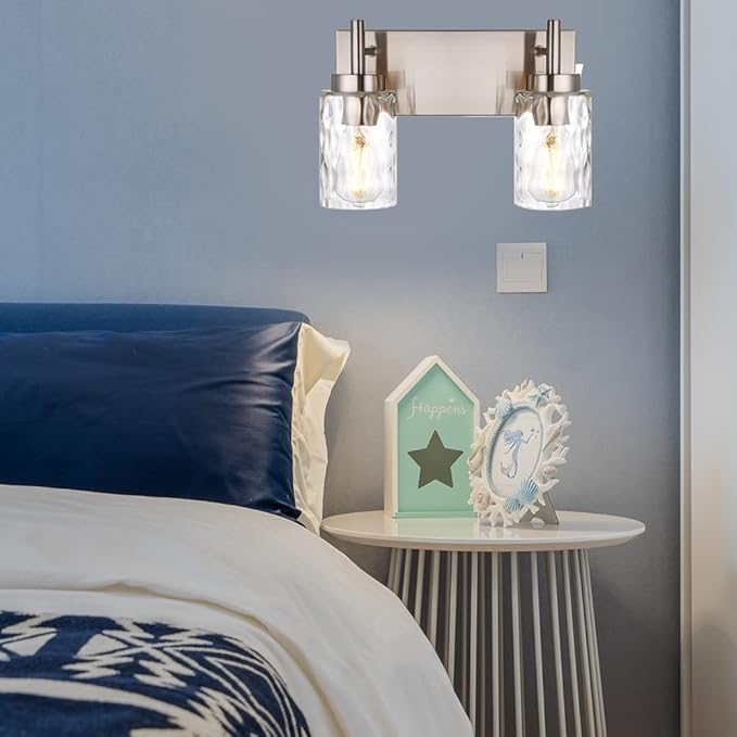 BONLICHT Bathroom Light Fixtures Modern 2 Light Brushed Nickel Vanity Light Wall Sconces Contemporary Metal Wall Lights with Clear Water Glass Shade,Industrial Farmhouse Porch Hallway Wall Mount Lamp