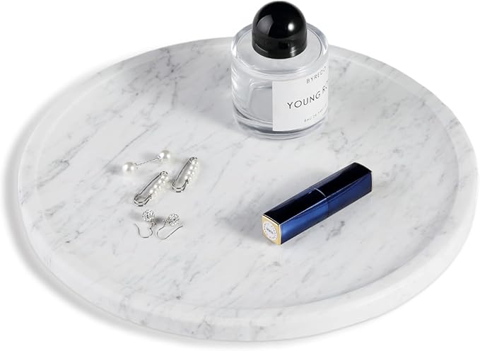 Natural Marble Serving Tray, 11.8in Round, Carrara Marble, Bathroom/Kitchen/Coffee Table Tray for Counter, Decorative Vanity for Catchall, Fruit and Snack