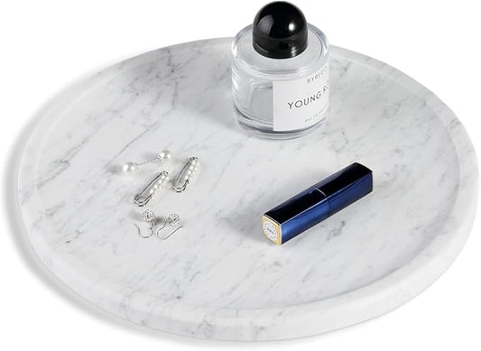 Natural Marble Serving Tray, 11.8in Round, Carrara Marble, Bathroom/Kitchen/Coffee Table Tray for Counter, Decorative Vanity for Catchall, Fruit and Snack