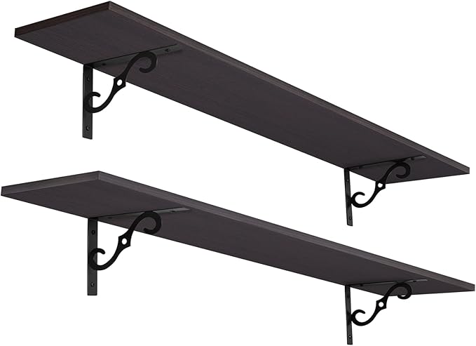 DINZI LVJ Long Wall Shelves, 55.1" Large Floating Shelves Set of 2, Farmhouse Display Shelf Wall Mounted with Heavy Duty Brackets, Easy Assembly for Kitchen, Bathroom, Bedroom, Balcony, Espresso