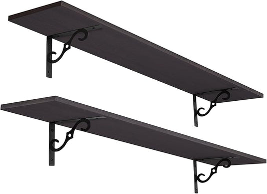 DINZI LVJ Long Wall Shelves, 55.1" Large Floating Shelves Set of 2, Farmhouse Display Shelf Wall Mounted with Heavy Duty Brackets, Easy Assembly for Kitchen, Bathroom, Bedroom, Balcony, Espresso