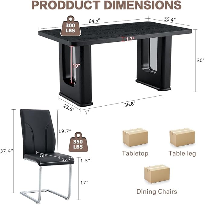 64.5" Black Dining Table Set for 6, Modern Kitchen Table and Chairs Set with PU Leather Cushioned Chairs & Decorative Pedestal Base, 7 Piece Wood Grain Dining Table Set for Dining Room or Kitchen